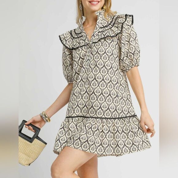 Umgee Ruffled Printed Puff Sleeve Mini A-Line Dress Elegant Black and Cream sz M - Picture 1 of 6
